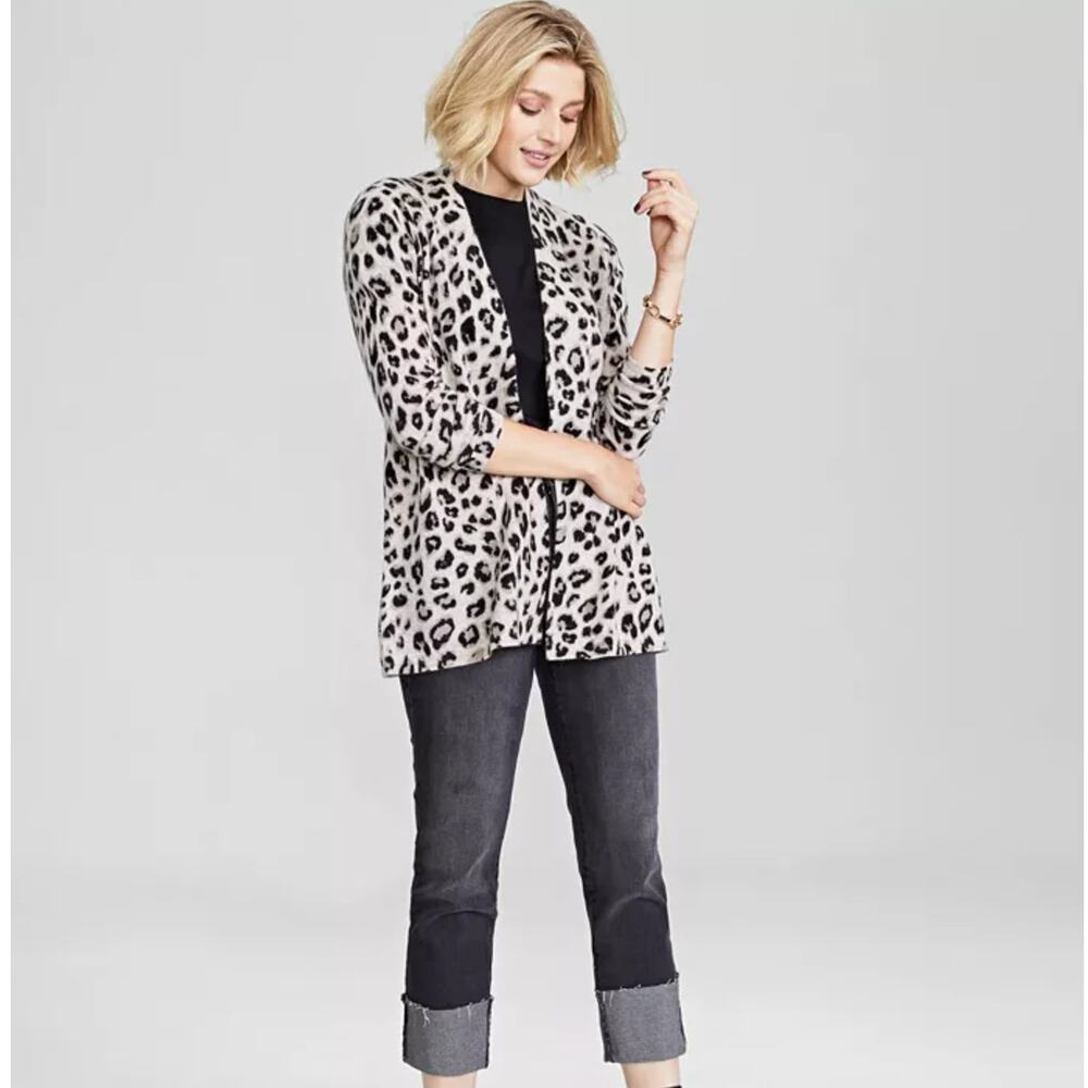 CHARTER CLUB 100% Cashmere Leopard Open Front Cardigan Gray Sz XL {II2}